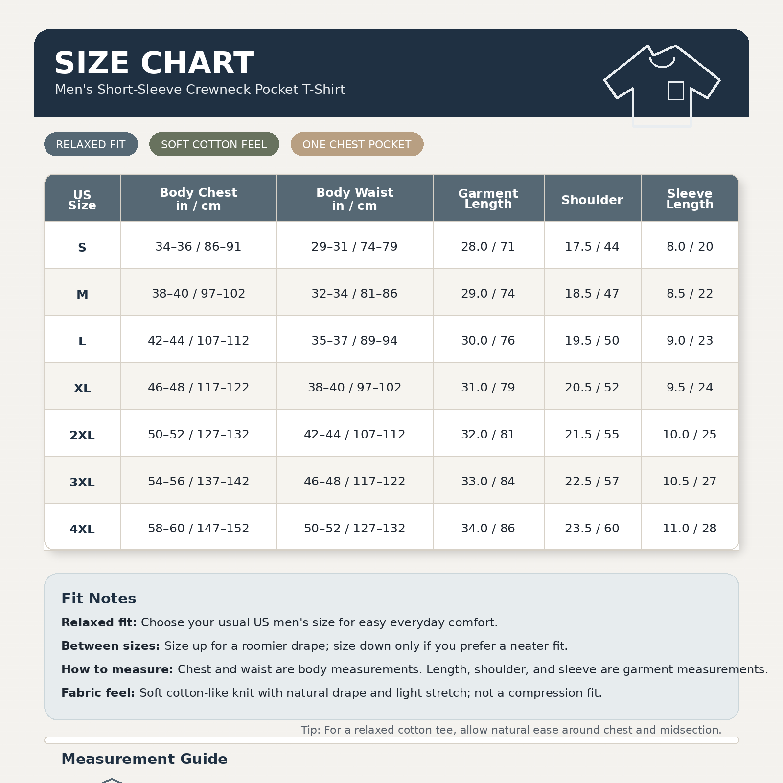 Men's pocket T-shirt size chart image