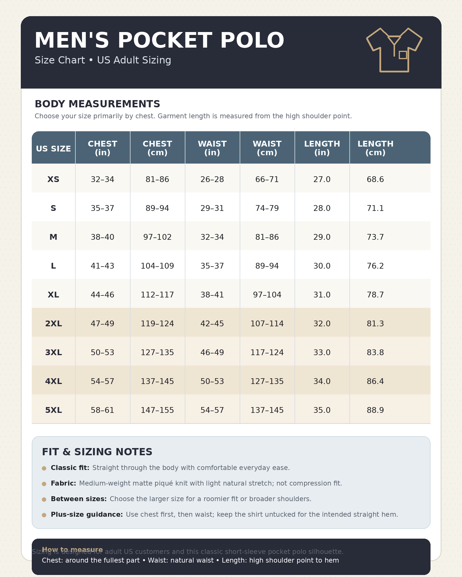 Men's pocket polo sizing guide