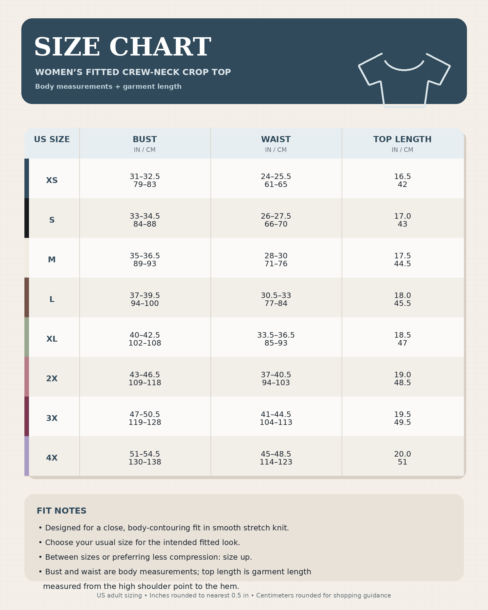 Women's fitted crew-neck crop top size chart