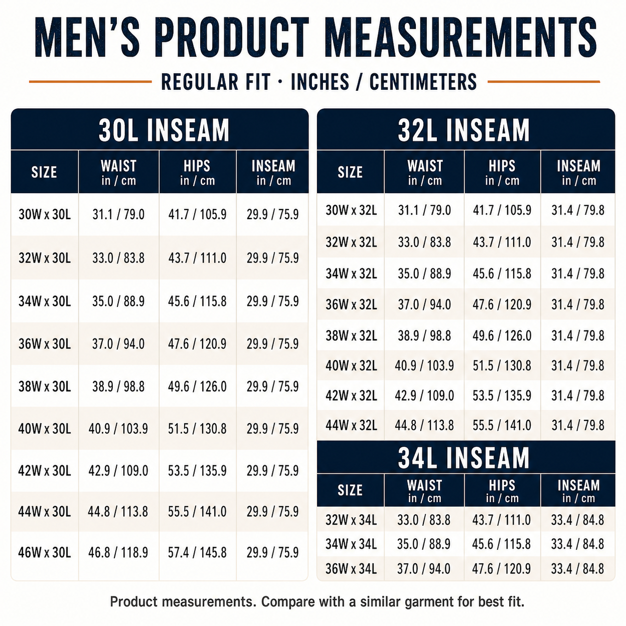 Mobile-readable size guide for the 20 waist and inseam options
