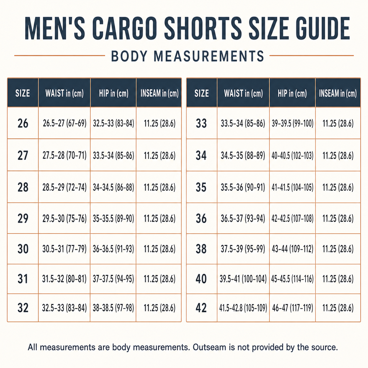 Men's cargo shorts size guide