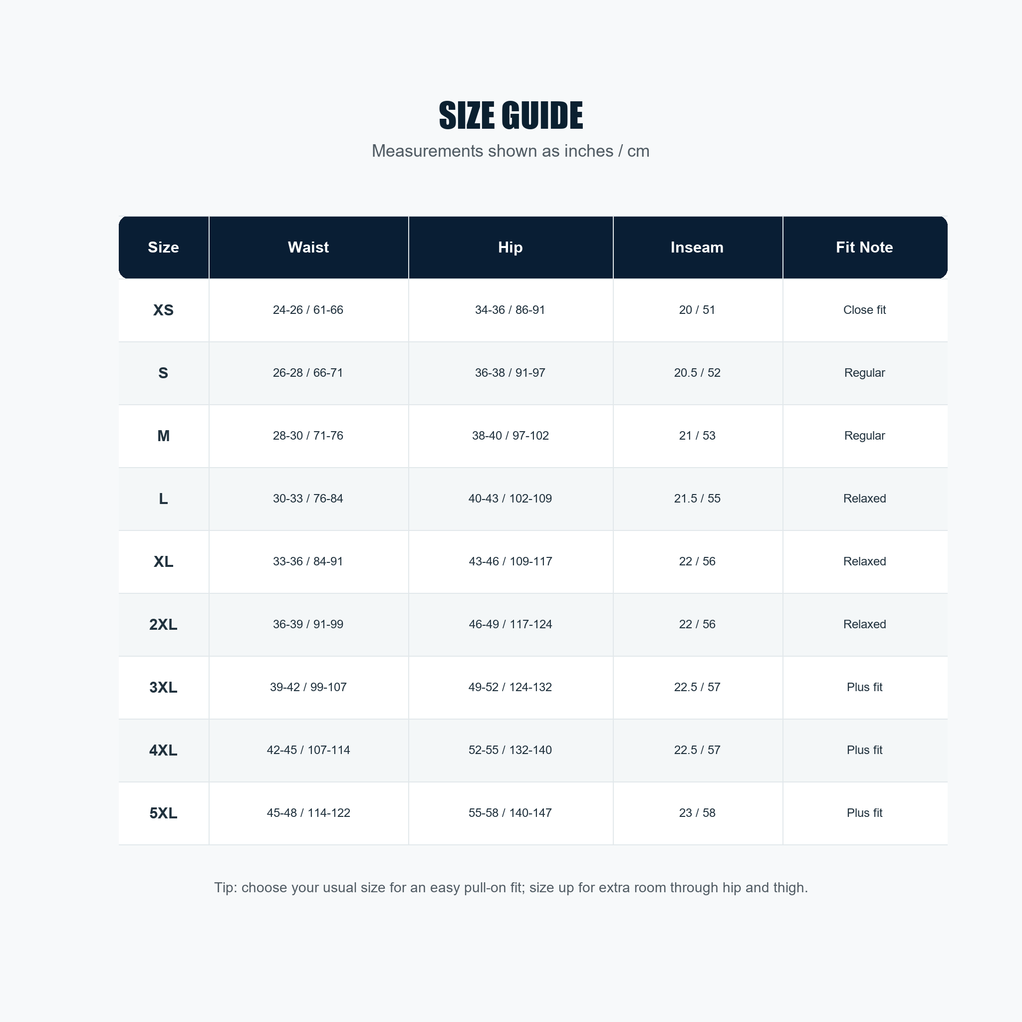 Cargo capri pants size guide