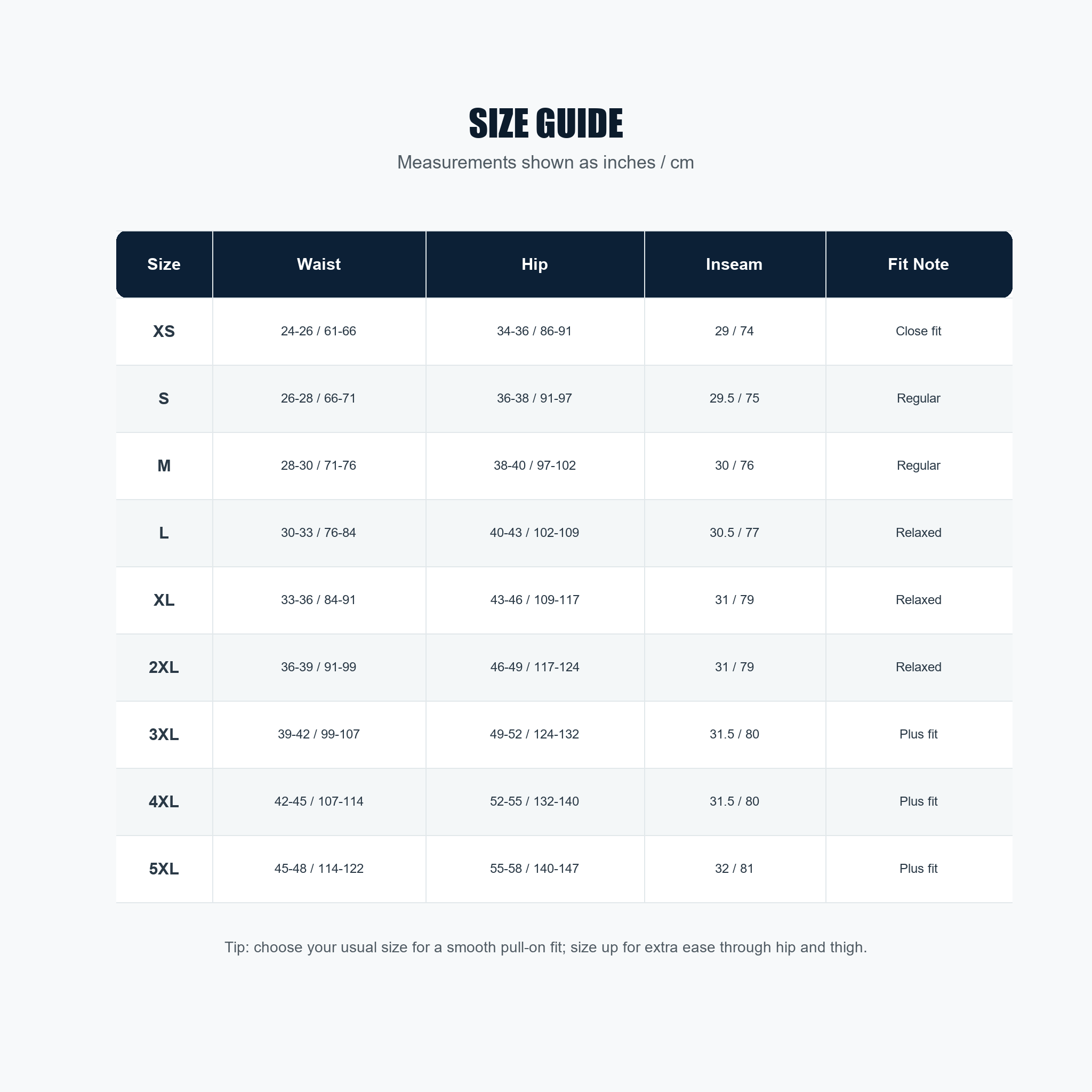 Wide leg pants size chart