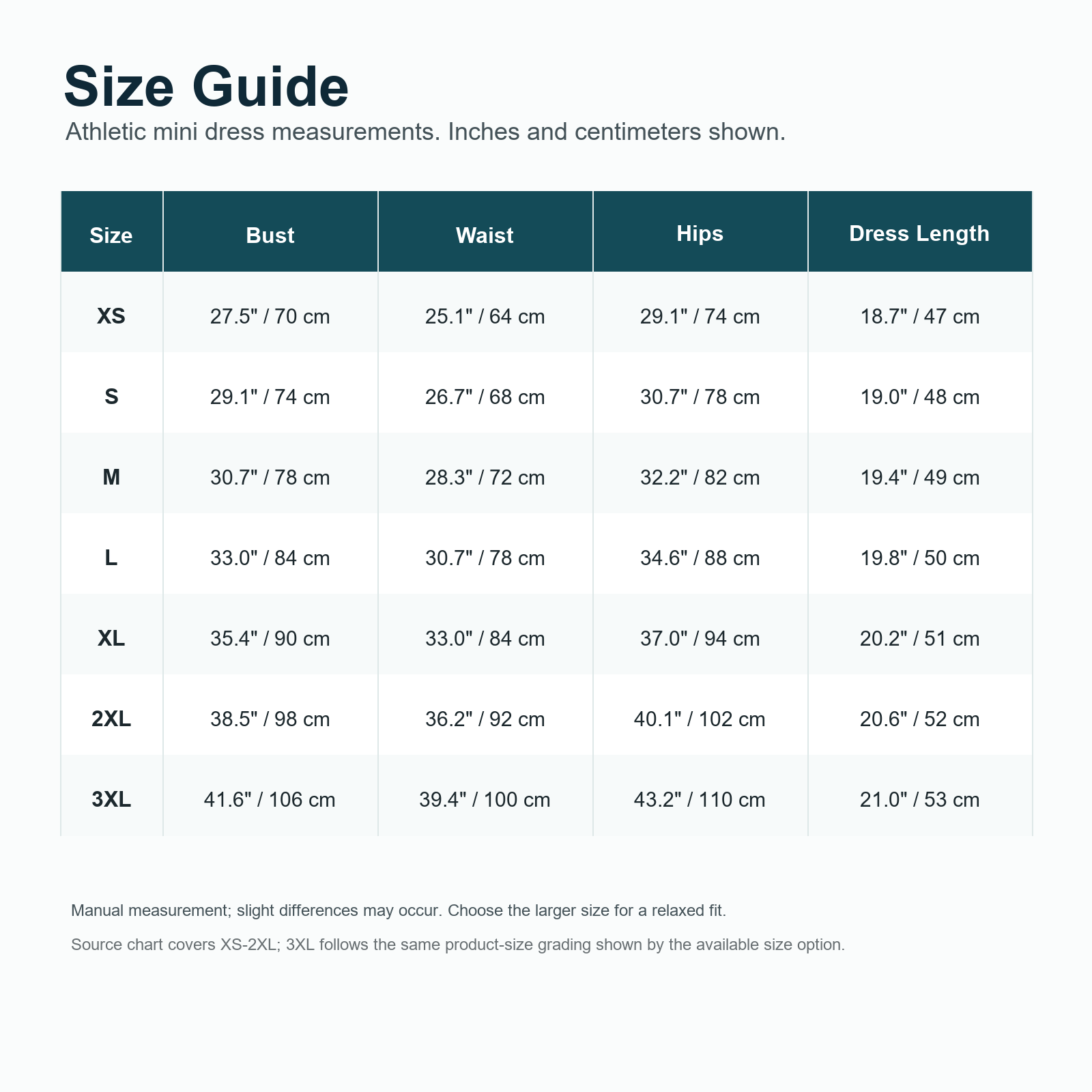 Women athletic mini dress size guide
