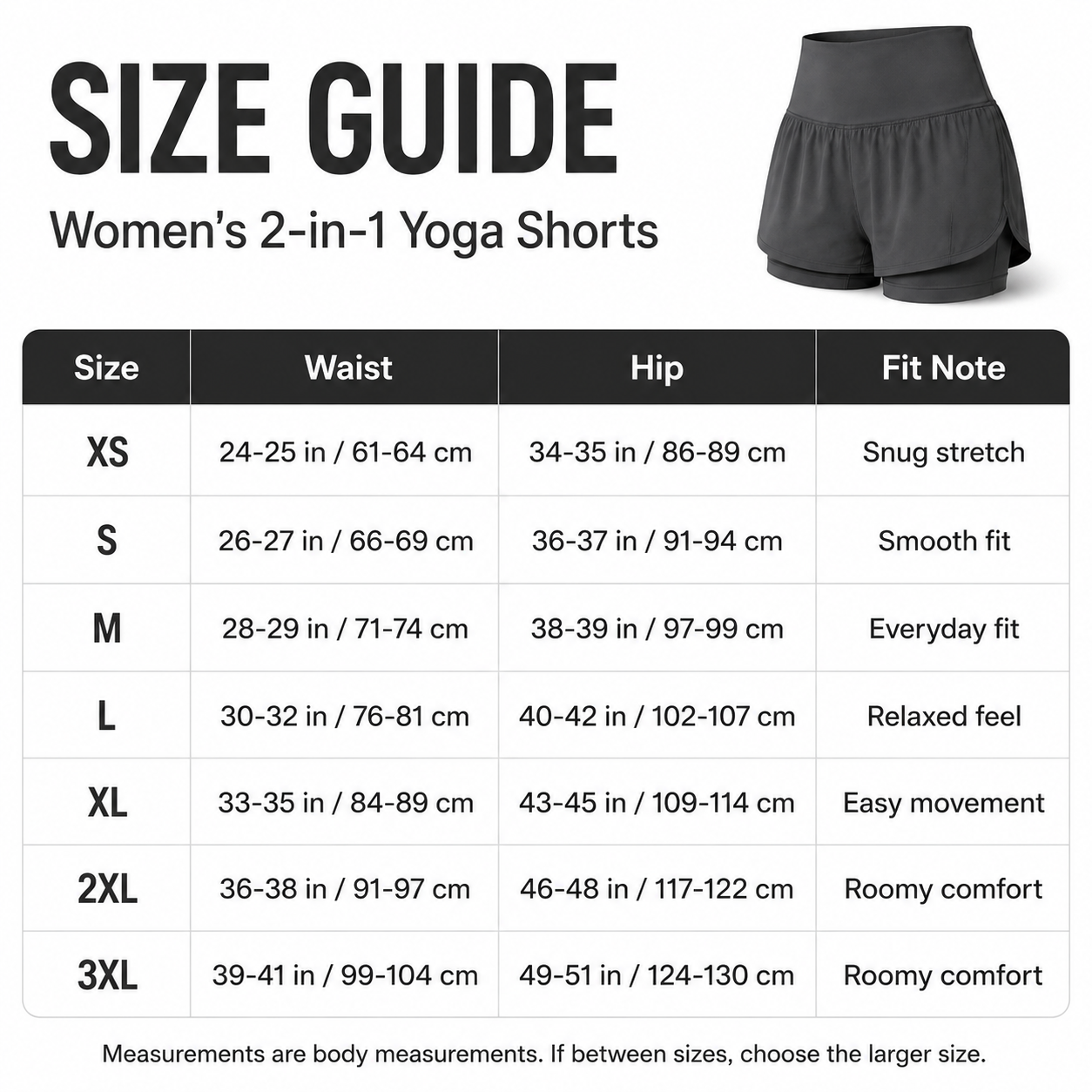Women 2-in-1 yoga shorts size guide