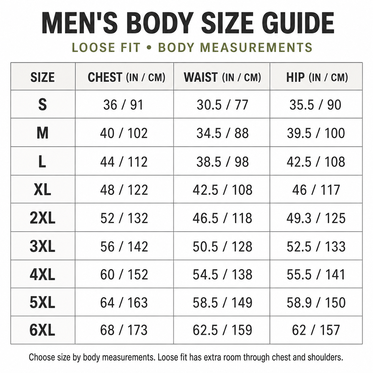 Men's loose-fit Henley size chart in inches and centimetres