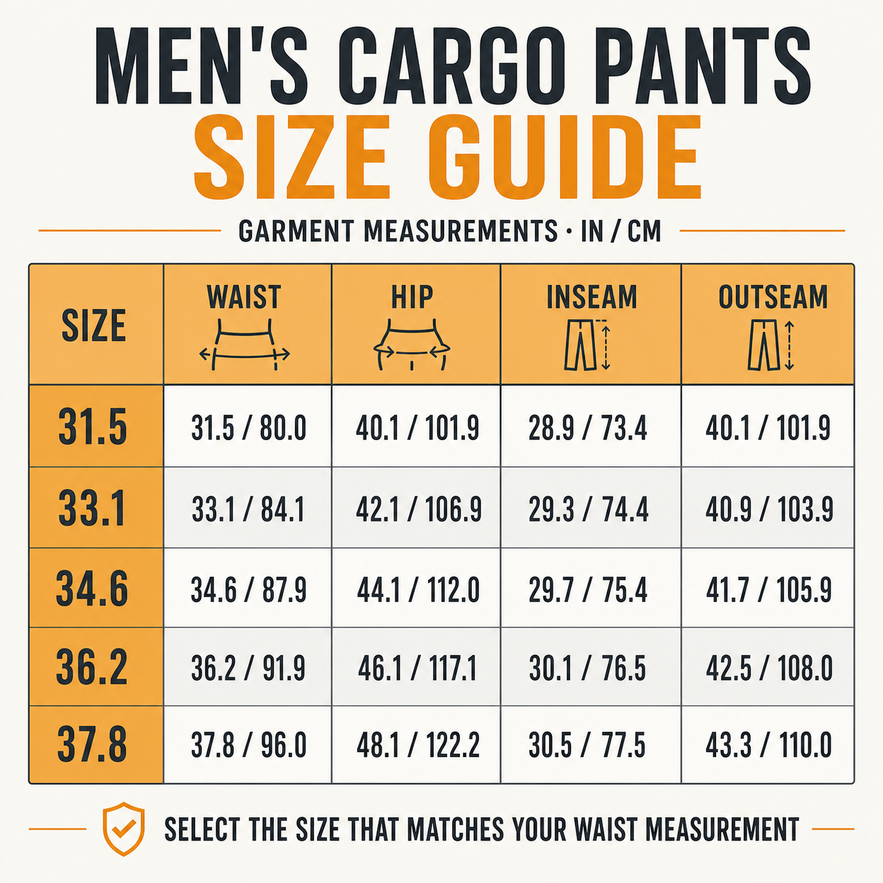 Men's cargo pants size guide with waist hip inseam and outseam measurements