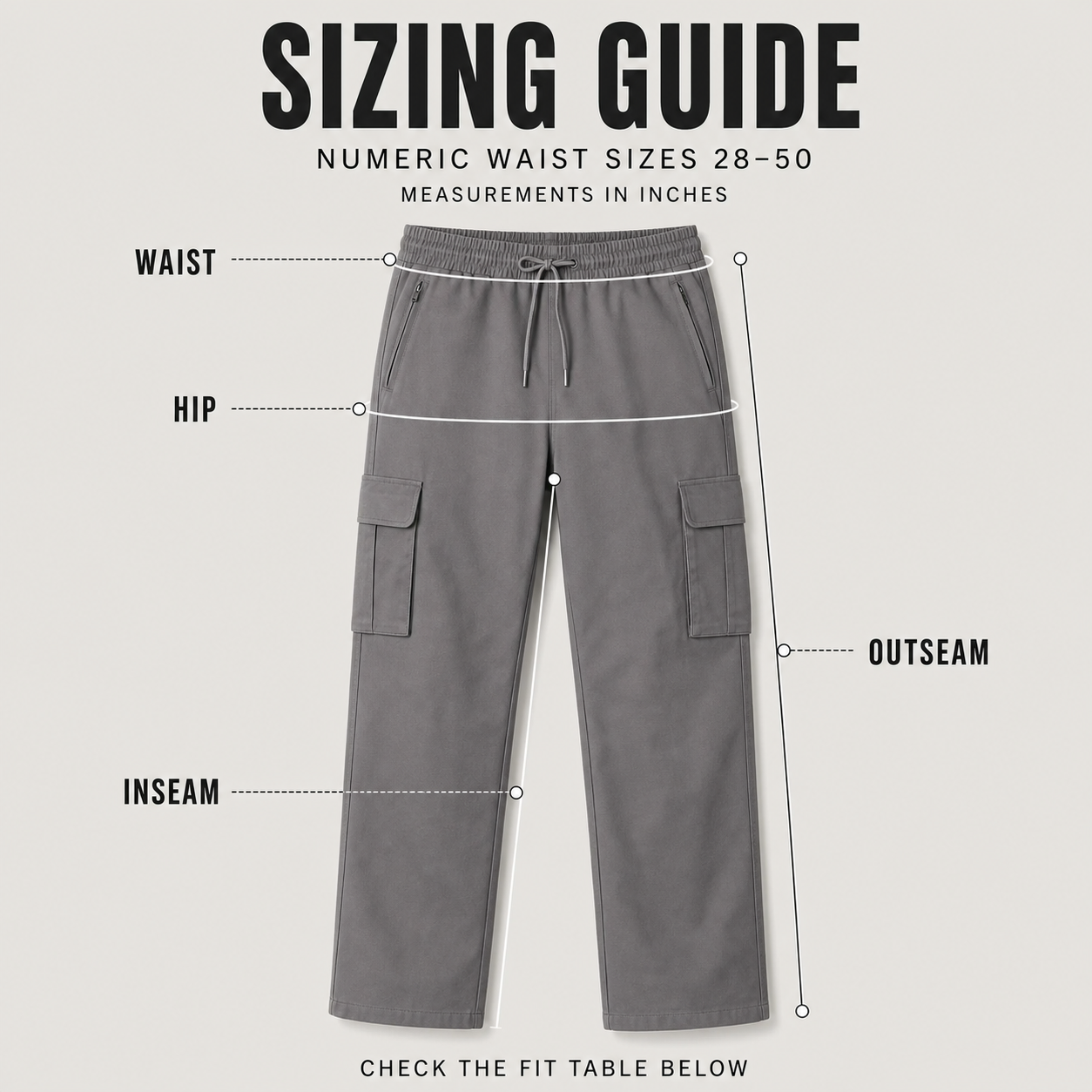 Numeric waist sizing guide from 28 through 50