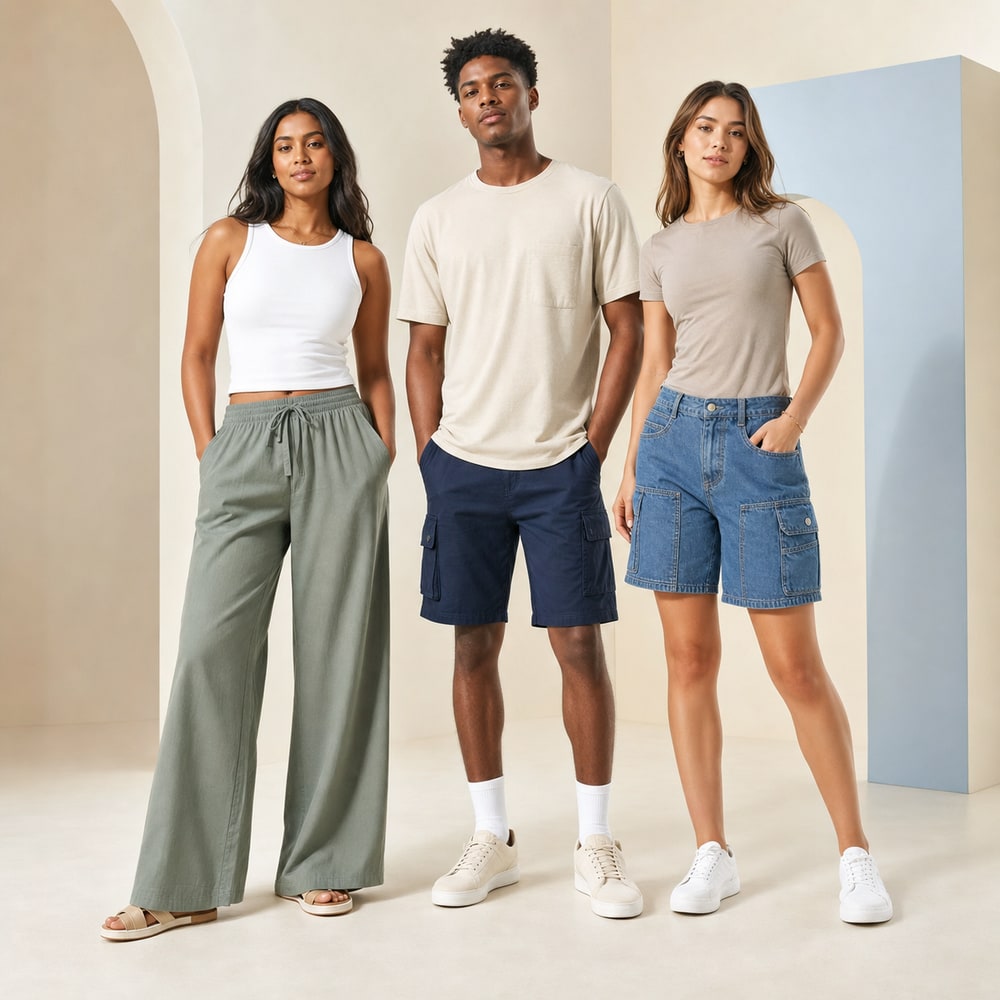 Bottoms collection featuring wide-leg pants and utility shorts