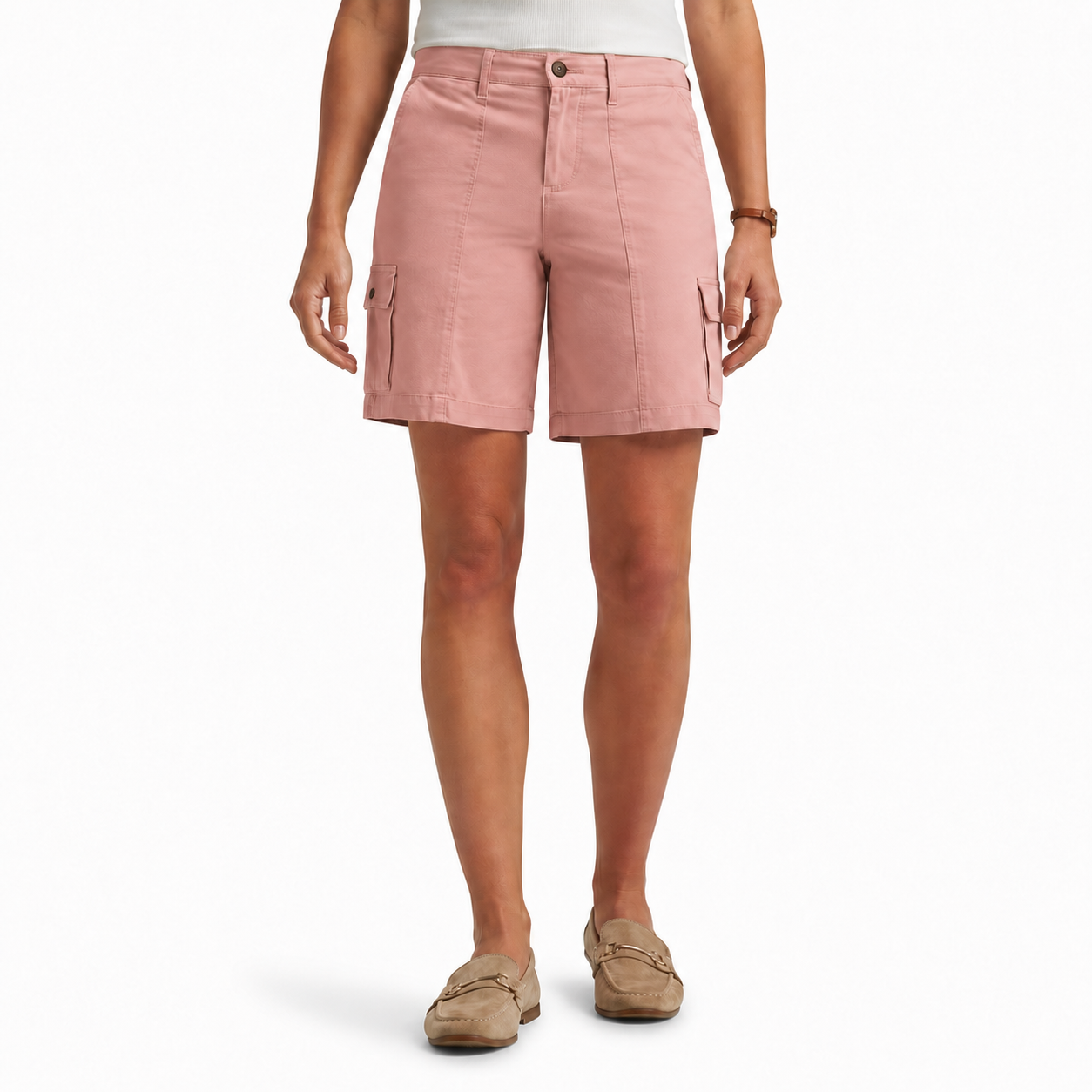 Olive Sage model for women's relaxed cargo shorts