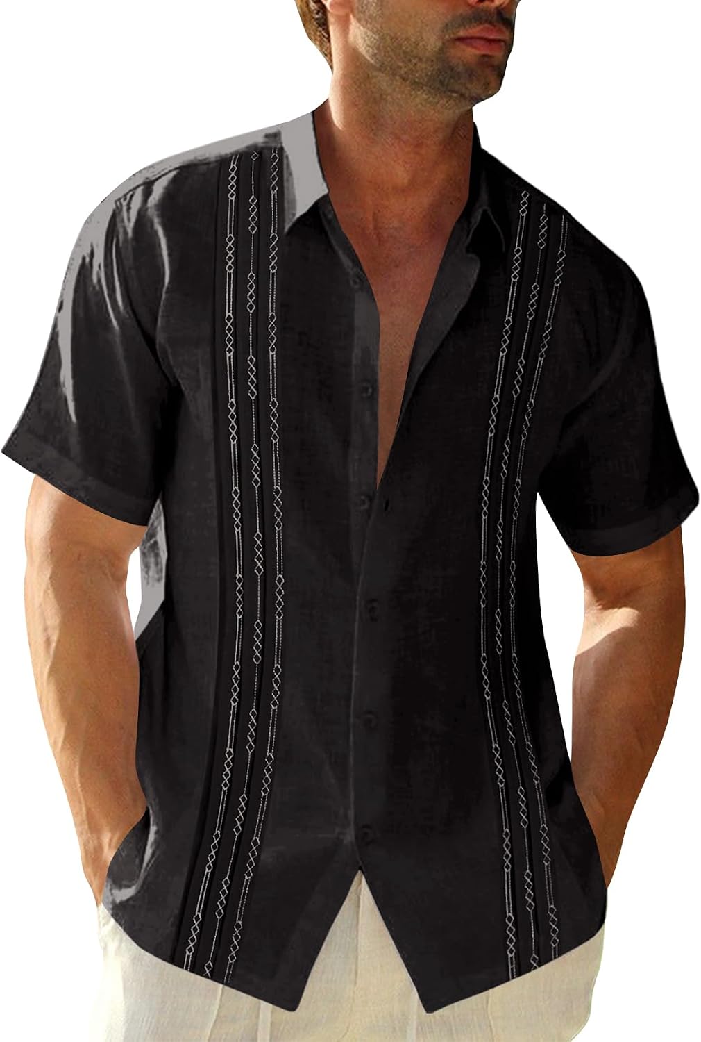 Mens Short Sleeve Guayabera Shirts Linen Cotton Button Down Mexican Embroidered Cuban Wedding Shirt Summer Beach Tops