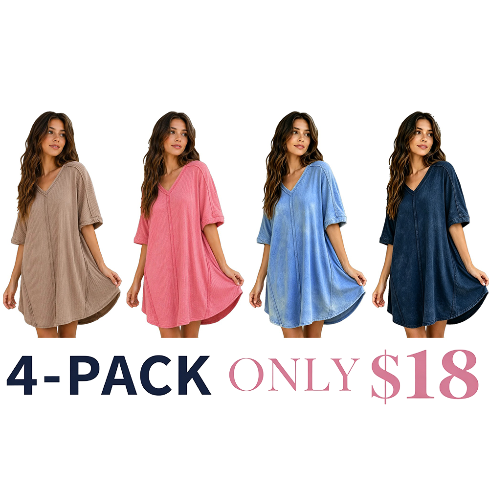 4-pack A acid-wash mini dresses in taupe rose blue and navy