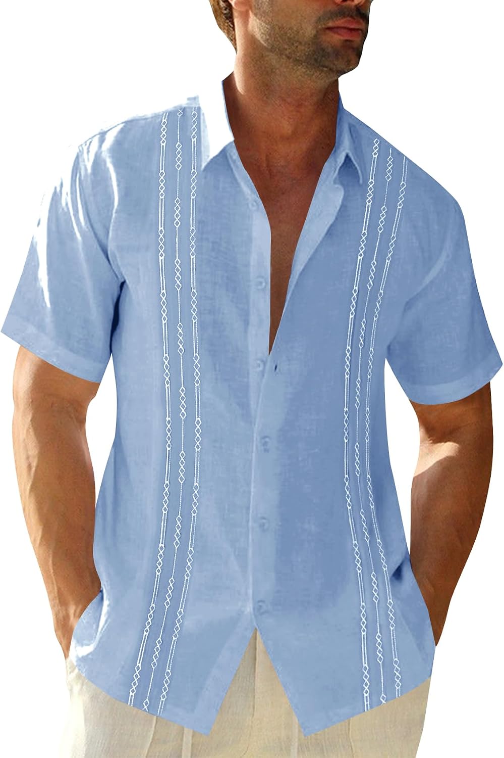 Mens Short Sleeve Guayabera Shirts Linen Cotton Button Down Mexican Embroidered Cuban Wedding Shirt Summer Beach Tops