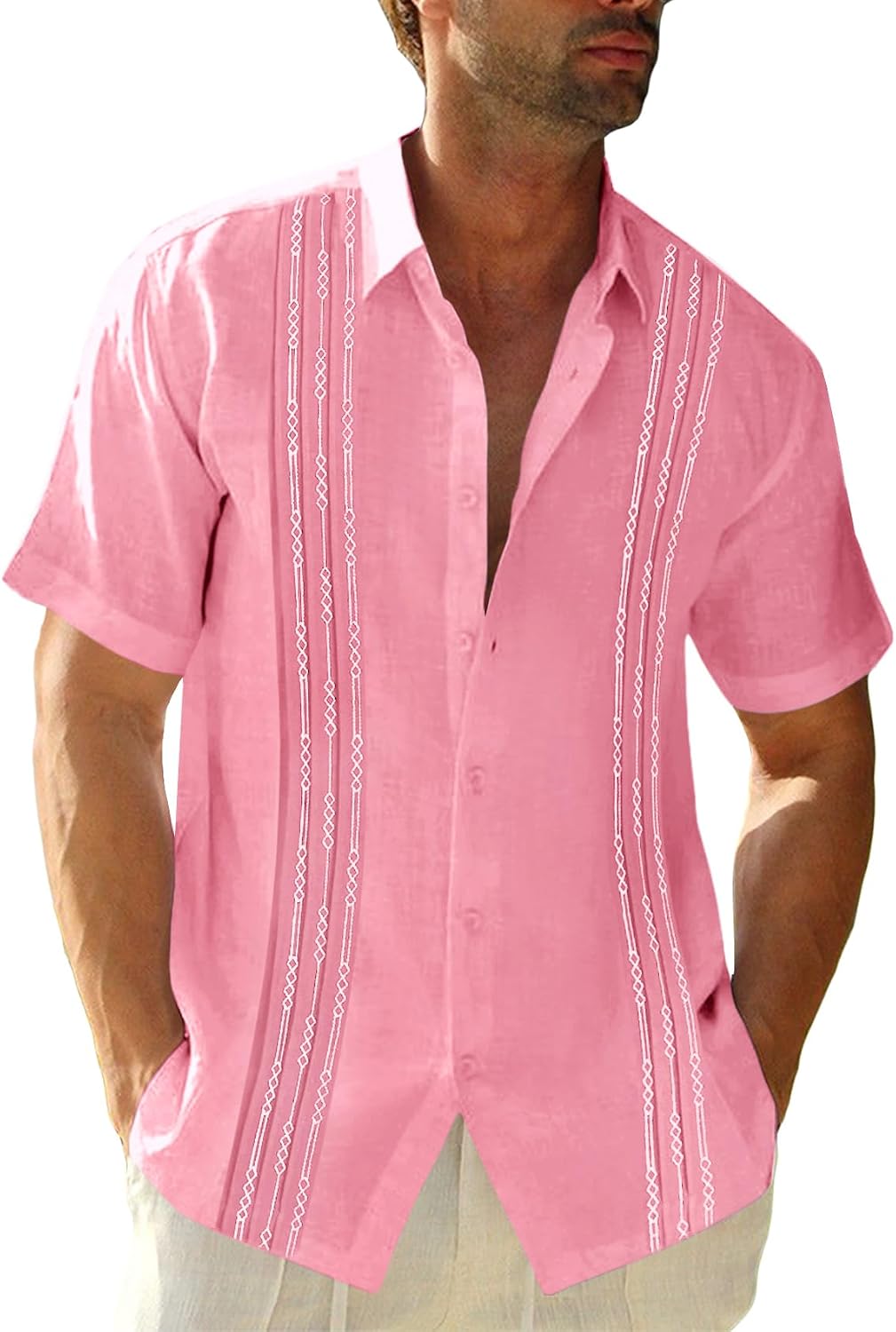 Mens Short Sleeve Guayabera Shirts Linen Cotton Button Down Mexican Embroidered Cuban Wedding Shirt Summer Beach Tops