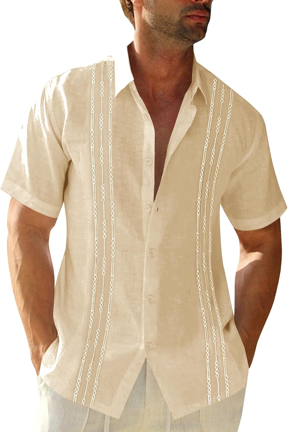 Mens Short Sleeve Guayabera Shirts Linen Cotton Button Down Mexican Embroidered Cuban Wedding Shirt Summer Beach Tops
