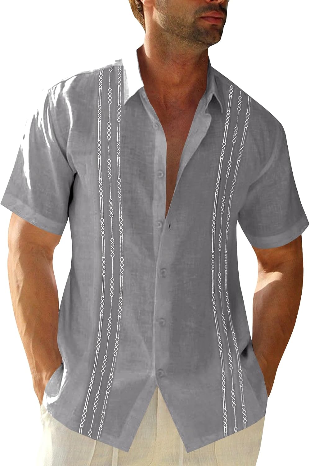 Mens Short Sleeve Guayabera Shirts Linen Cotton Button Down Mexican Embroidered Cuban Wedding Shirt Summer Beach Tops