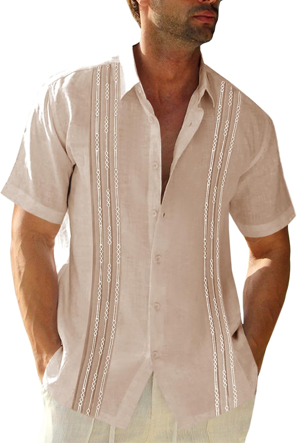 Mens Short Sleeve Guayabera Shirts Linen Cotton Button Down Mexican Embroidered Cuban Wedding Shirt Summer Beach Tops