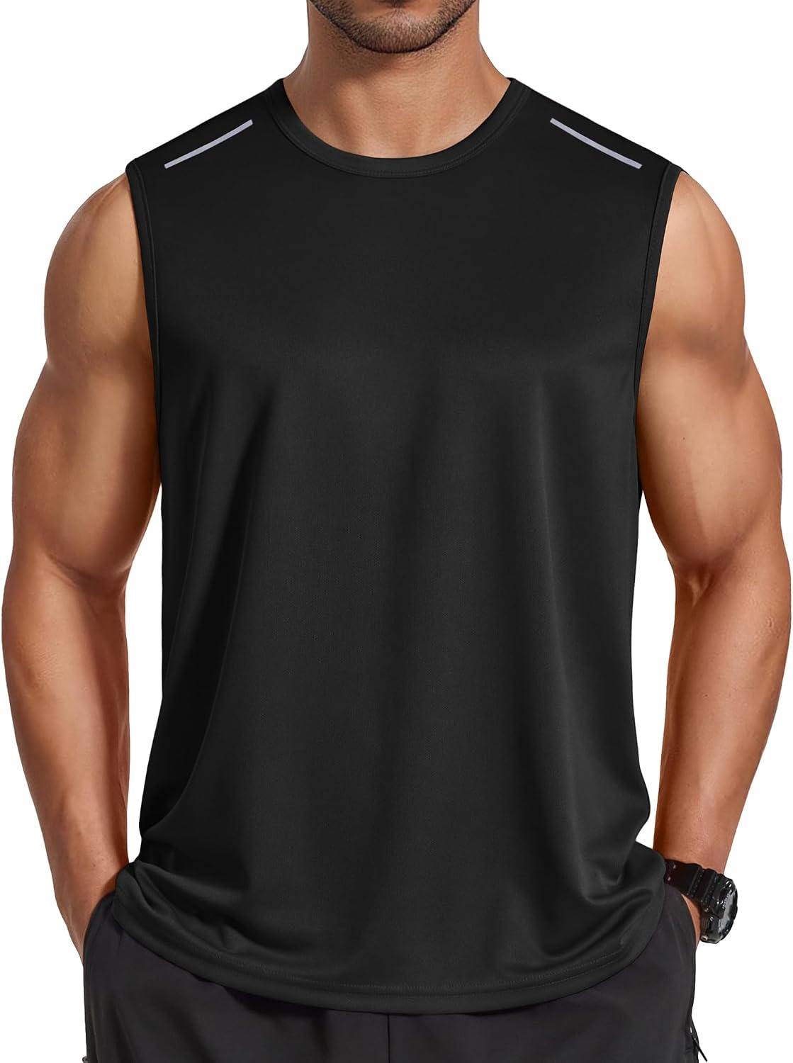 Men's black quick-dry mesh workout tank top front view