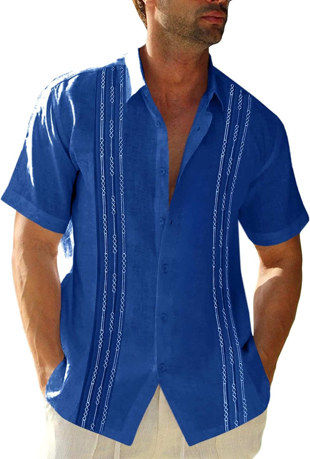 Mens Short Sleeve Guayabera Shirts Linen Cotton Button Down Mexican Embroidered Cuban Wedding Shirt Summer Beach Tops