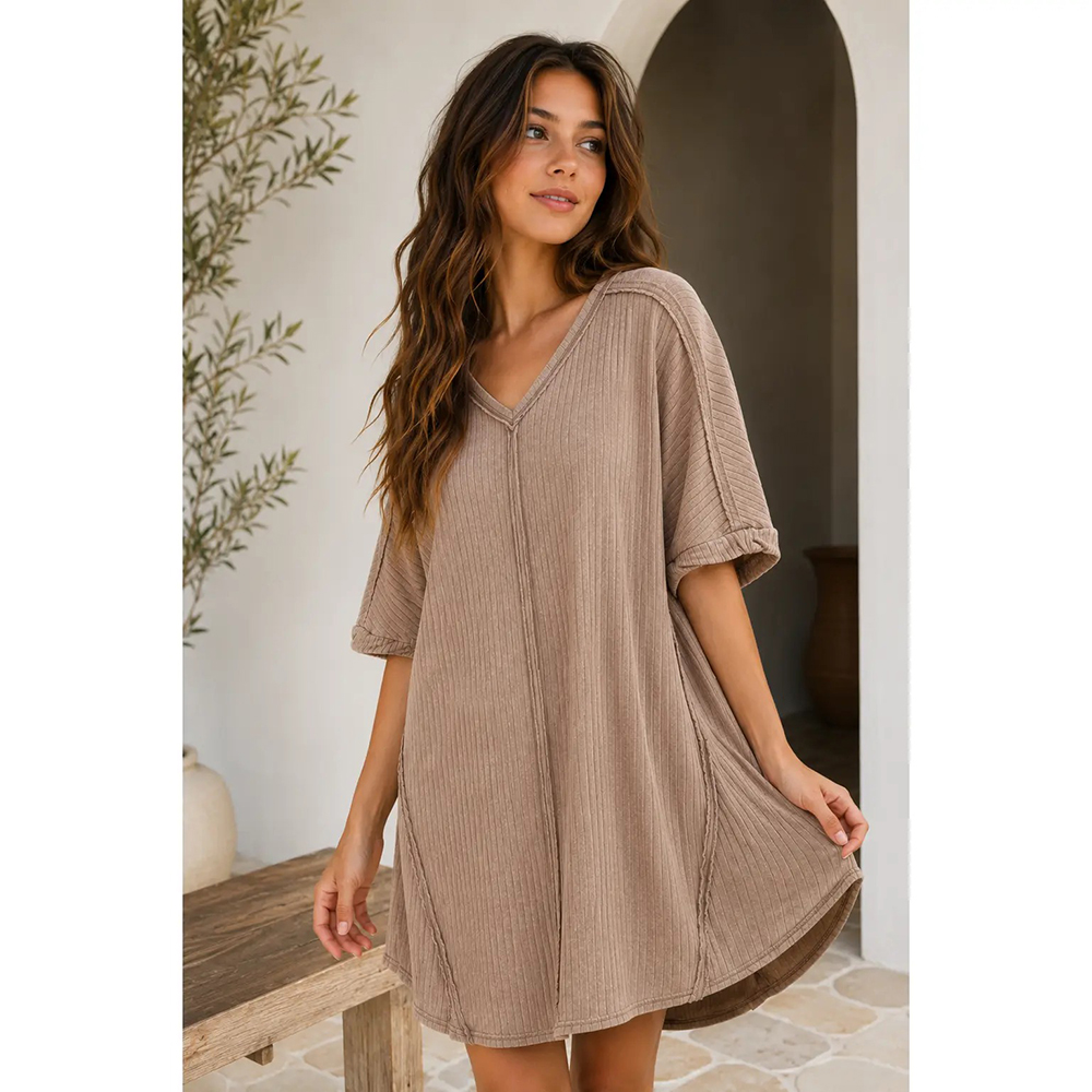 Taupe ribbed acid-wash V-neck mini dress
