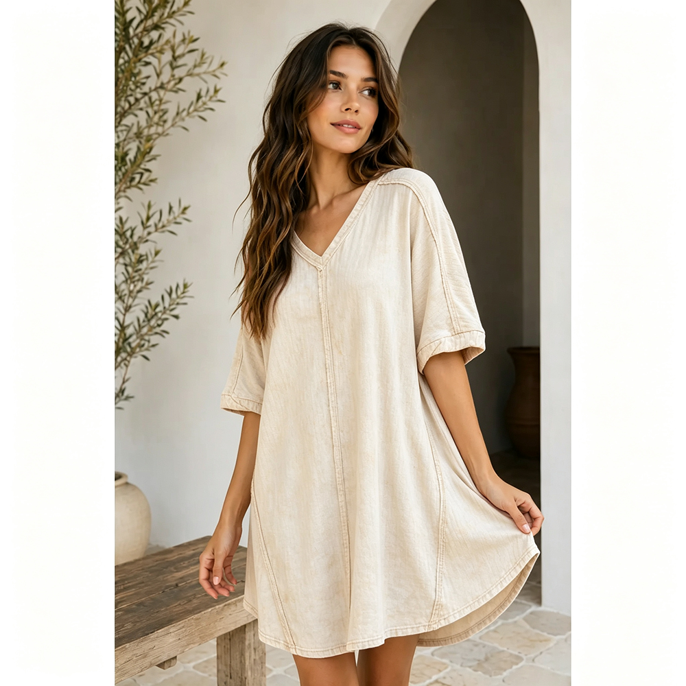 Ivory ribbed acid-wash V-neck mini dress