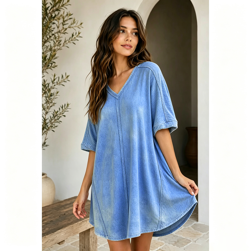 Blue ribbed acid-wash V-neck mini dress side view