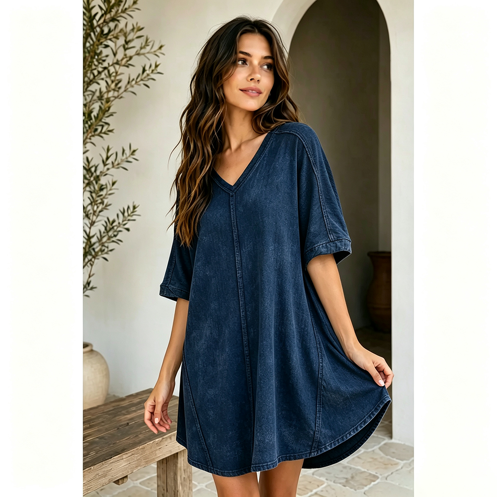 Navy ribbed acid-wash V-neck mini dress