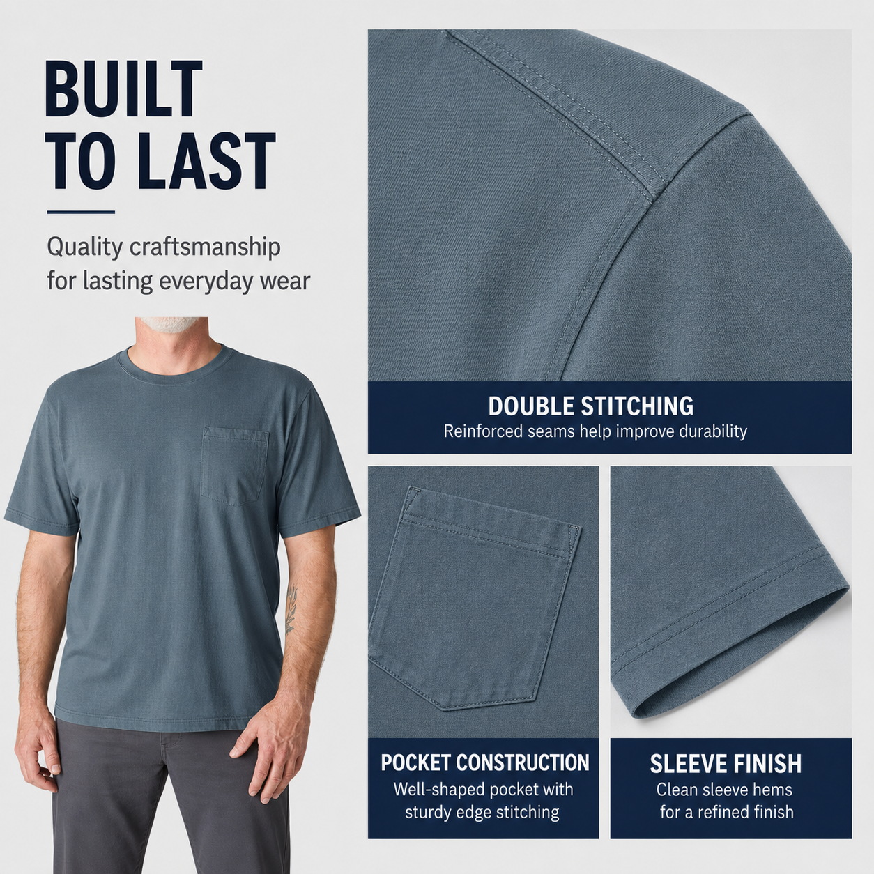 Double stitching and pocket construction detail image