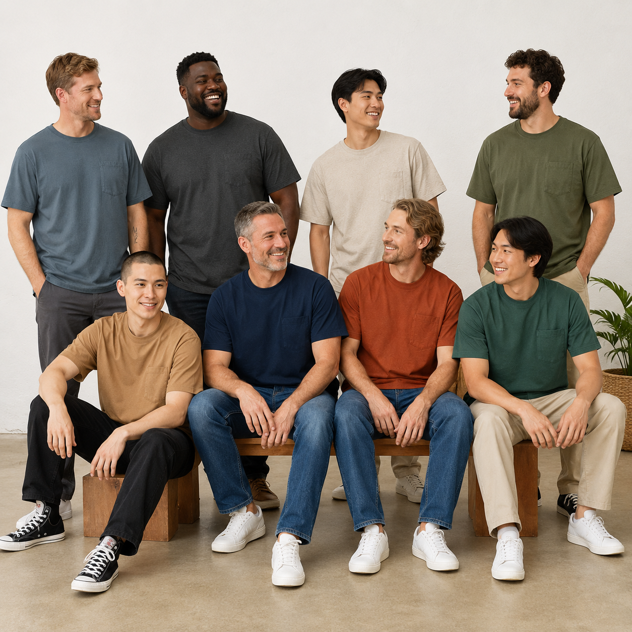 Eight adult models wearing the pocket T-shirts