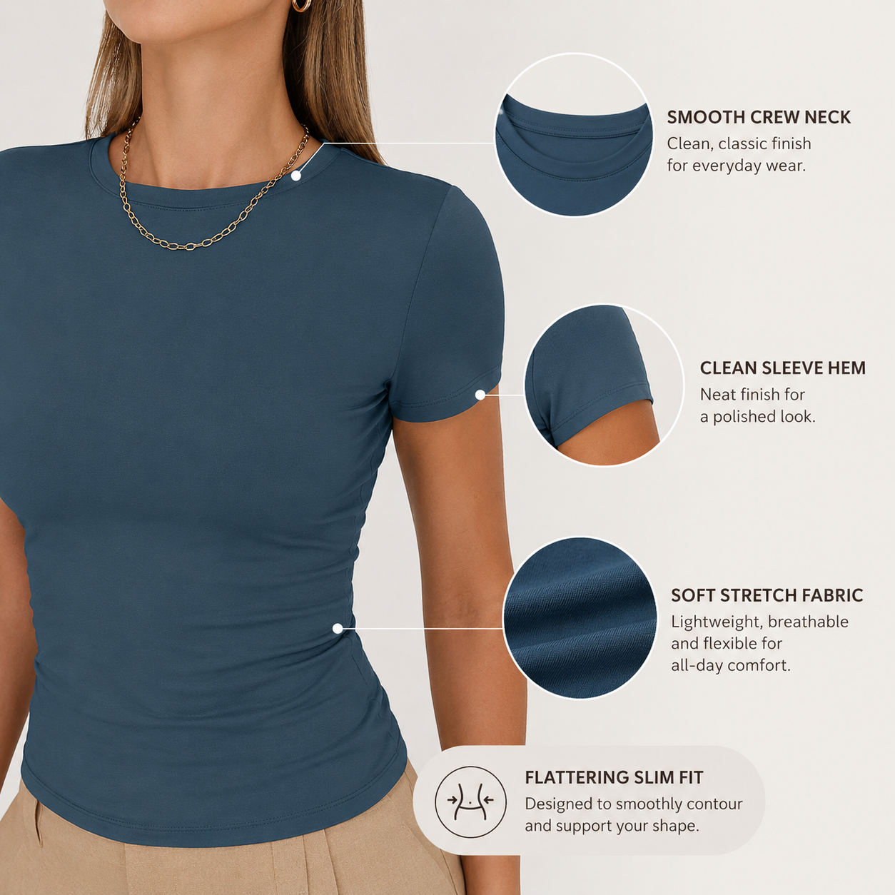 Crew neckline sleeve hem and stretch fabric detail