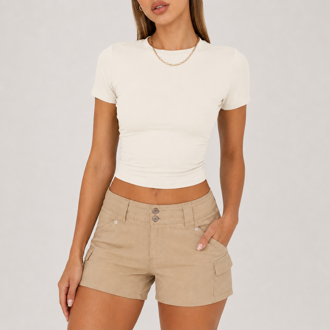 Soft Ivory fitted crop top model image