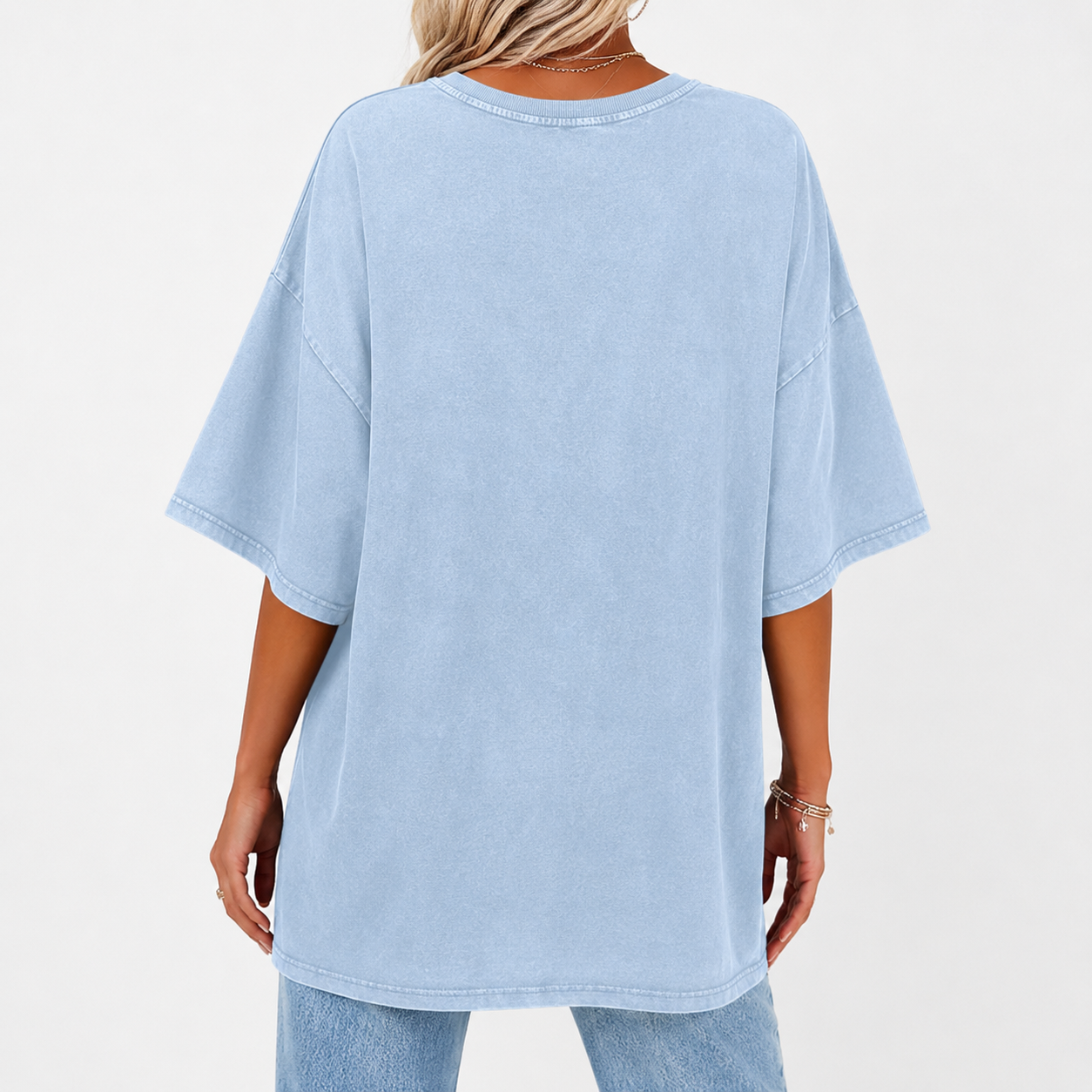 Powder blue oversized washed crew neck T-shirt back view