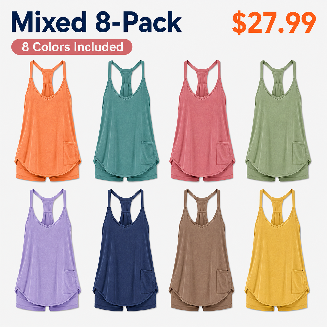 Mixed 8-Pack of women’s racerback lounge rompers in eight colors