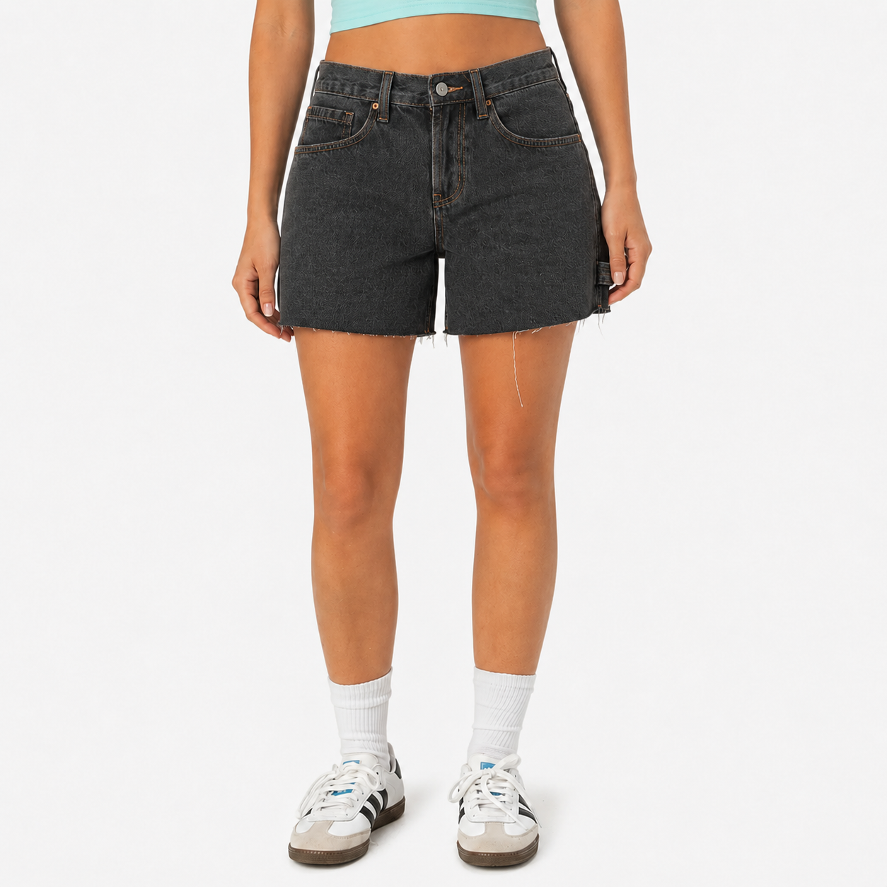 Washed Black women’s low-rise carpenter denim utility shorts