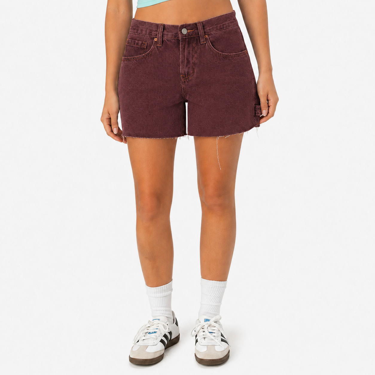 Oxblood Burgundy women’s low-rise carpenter denim utility shorts