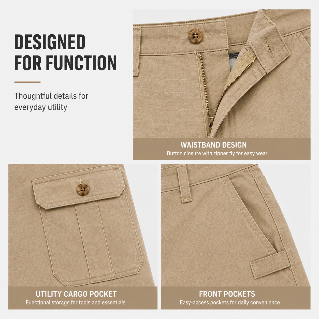 Waistband zipper fly cargo pocket and front pocket details