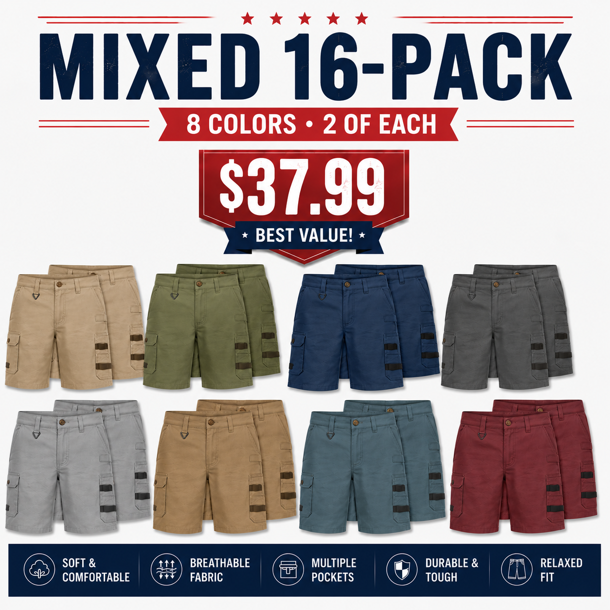 Mixed 16-Pack men's utility cargo shorts bundle