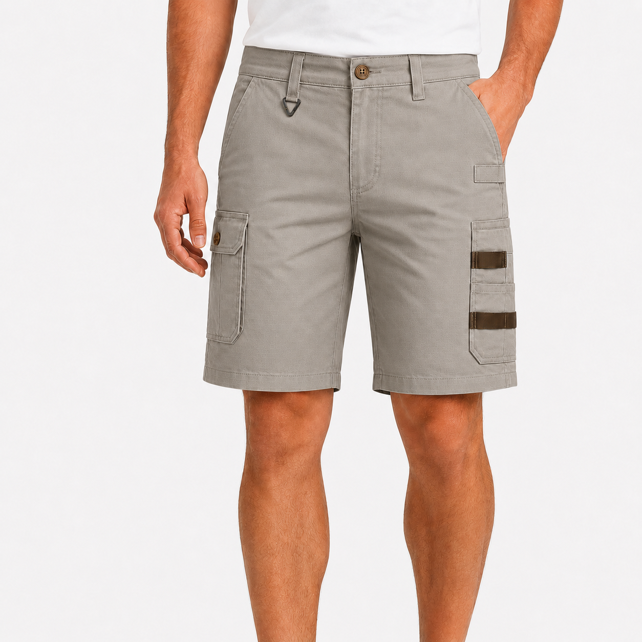 Stone Gray men's utility cargo shorts model image