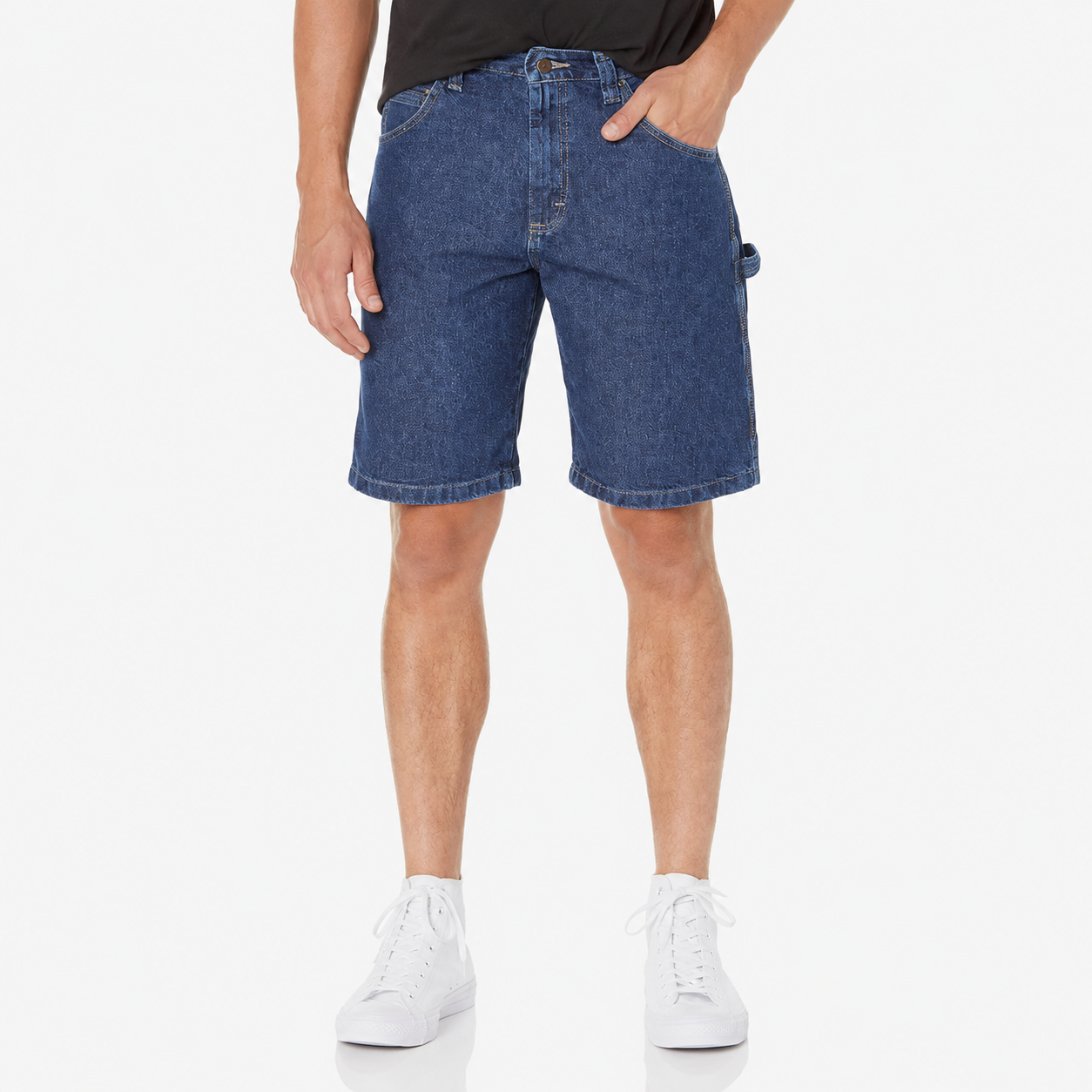 Medium Indigo Denim carpenter shorts front view