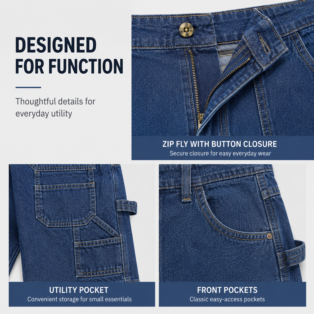 Zip fly button closure front pockets and utility pocket details