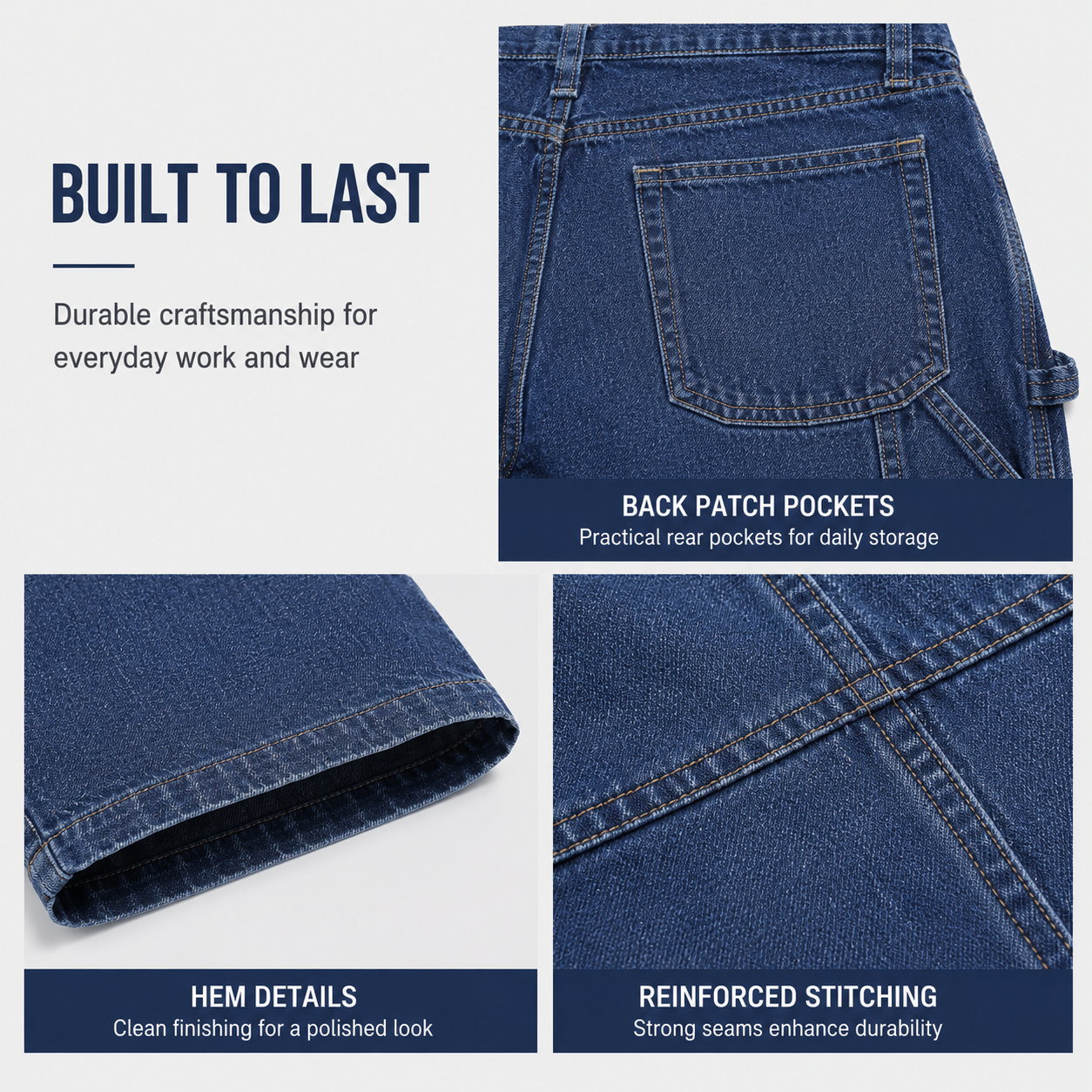 Back patch pockets hem details and reinforced stitching