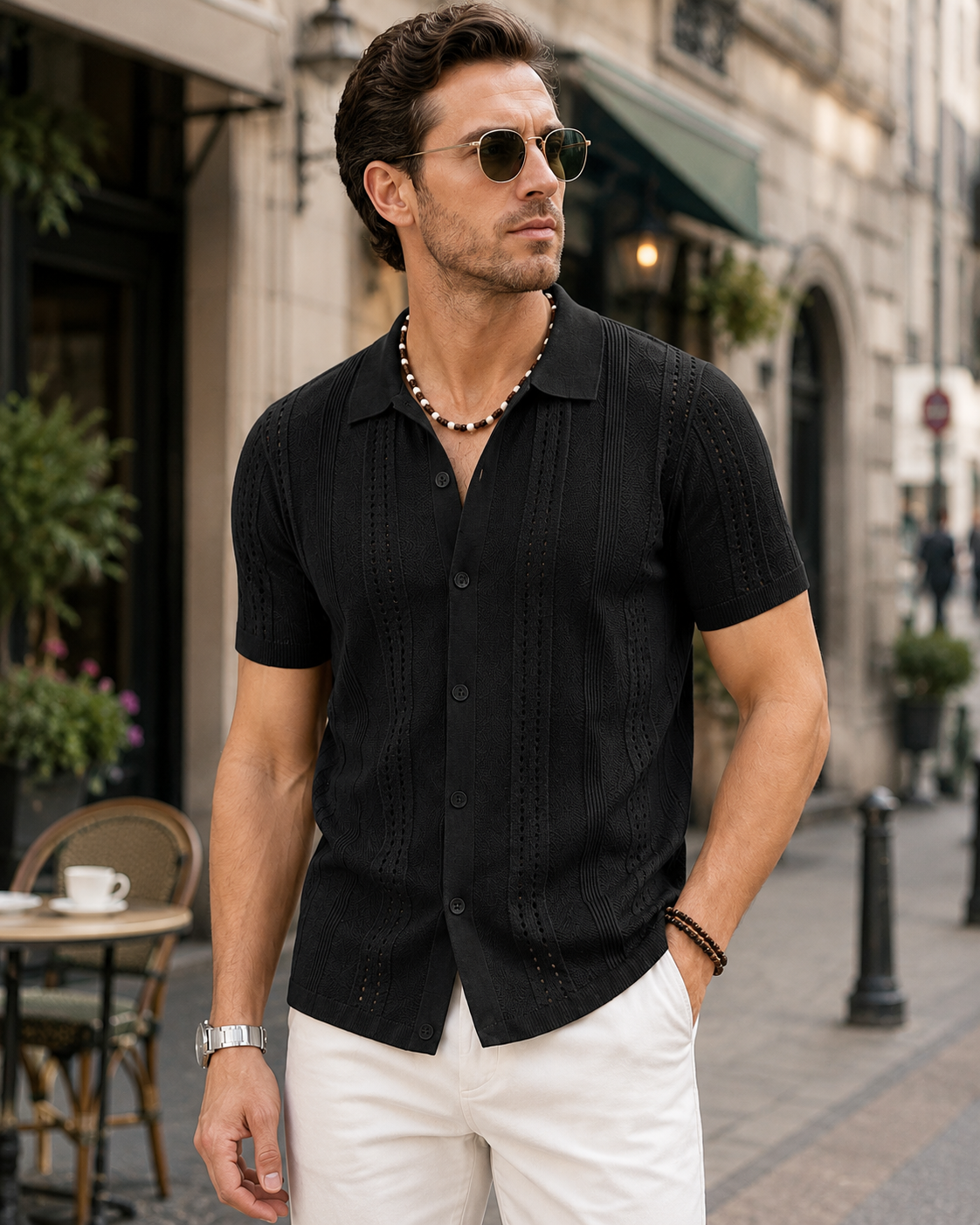 Men's Lightweight Textured Knit Short Sleeve Button-Up Shirt