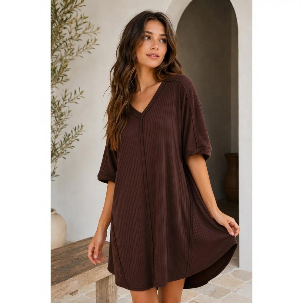 Chocolate ribbed acid-wash V-neck mini dress
