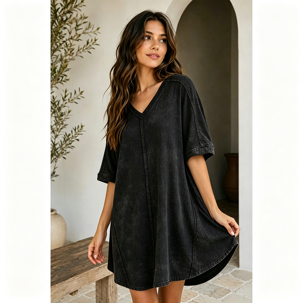 Black ribbed acid-wash V-neck mini dress