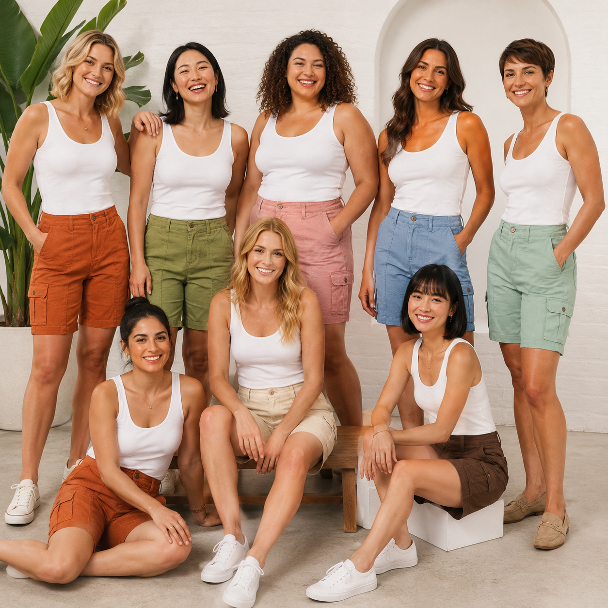 Ivory Cream model for women's relaxed cargo shorts