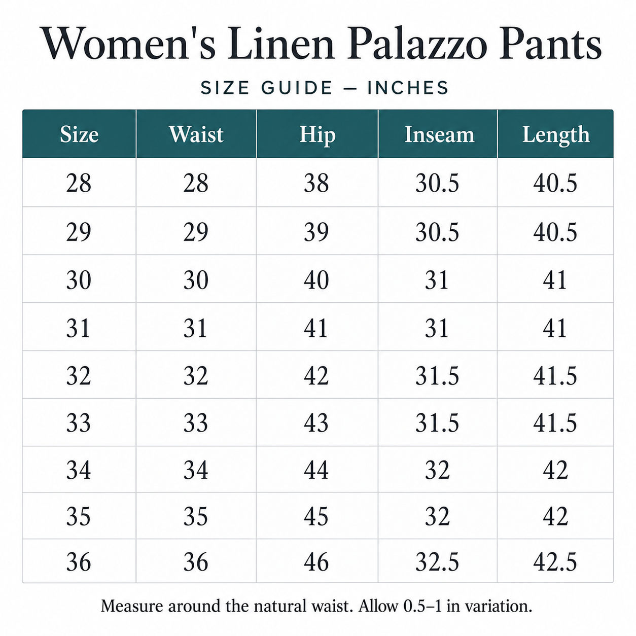 Women linen palazzo pants size guide 28 to 36
