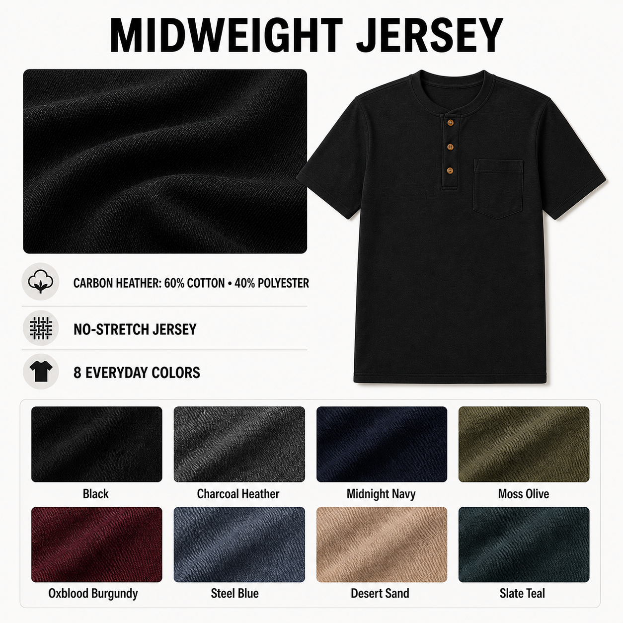 Medium-weight Carbon Heather fabric and eight-color Henley lineup
