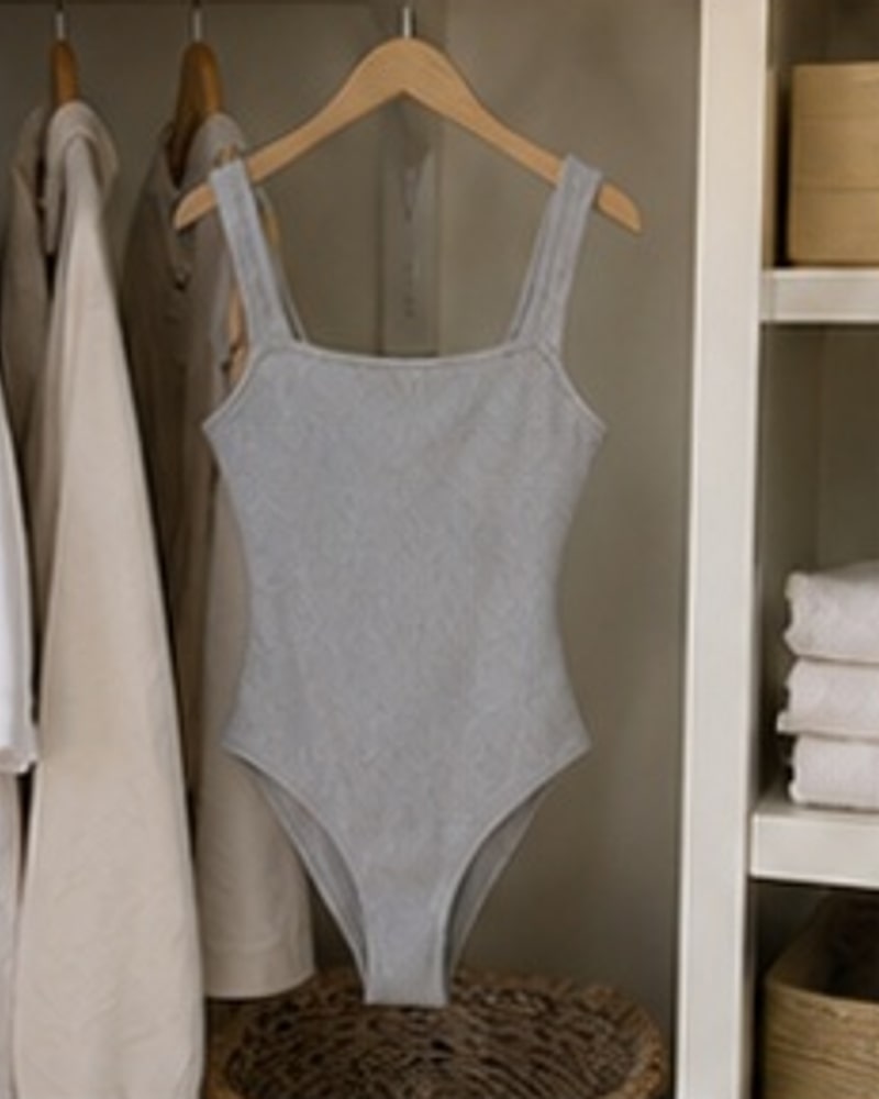 Natural phone-style photo of Women's Ribbed Square-Neck One-Piece Swimsuit Multipack
