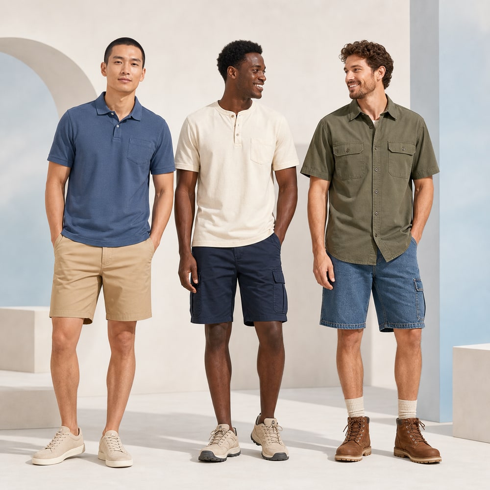 Men's collection featuring pocket shirts and casual shorts
