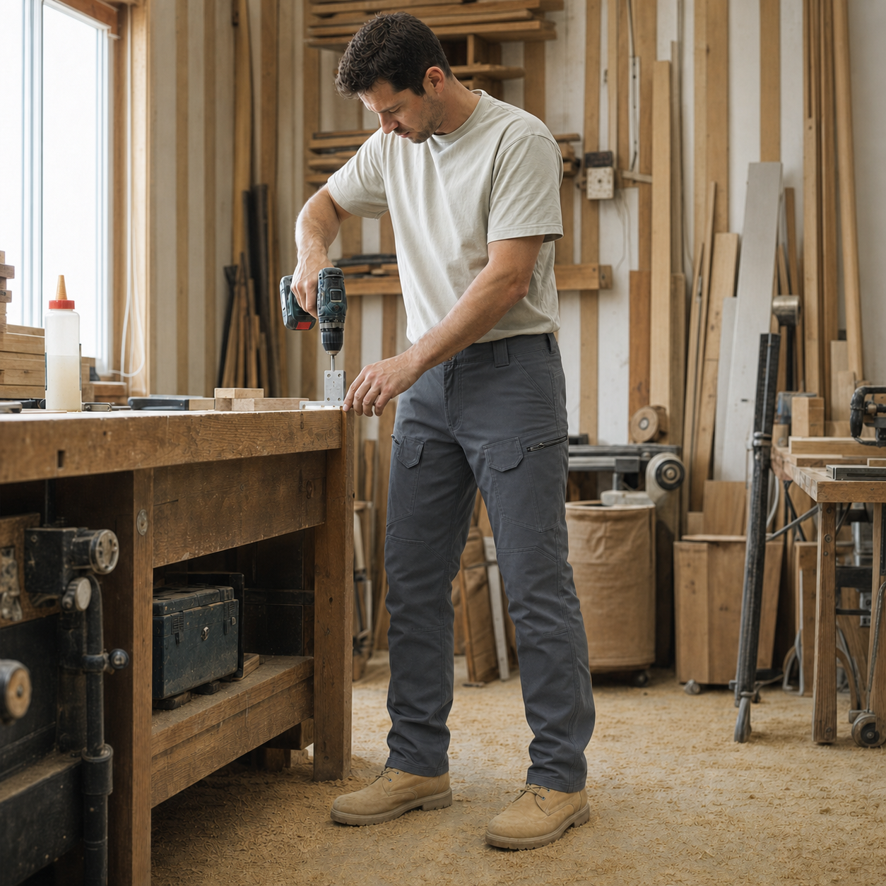 Dark Gray cargo pants in a bright workshop organization scene